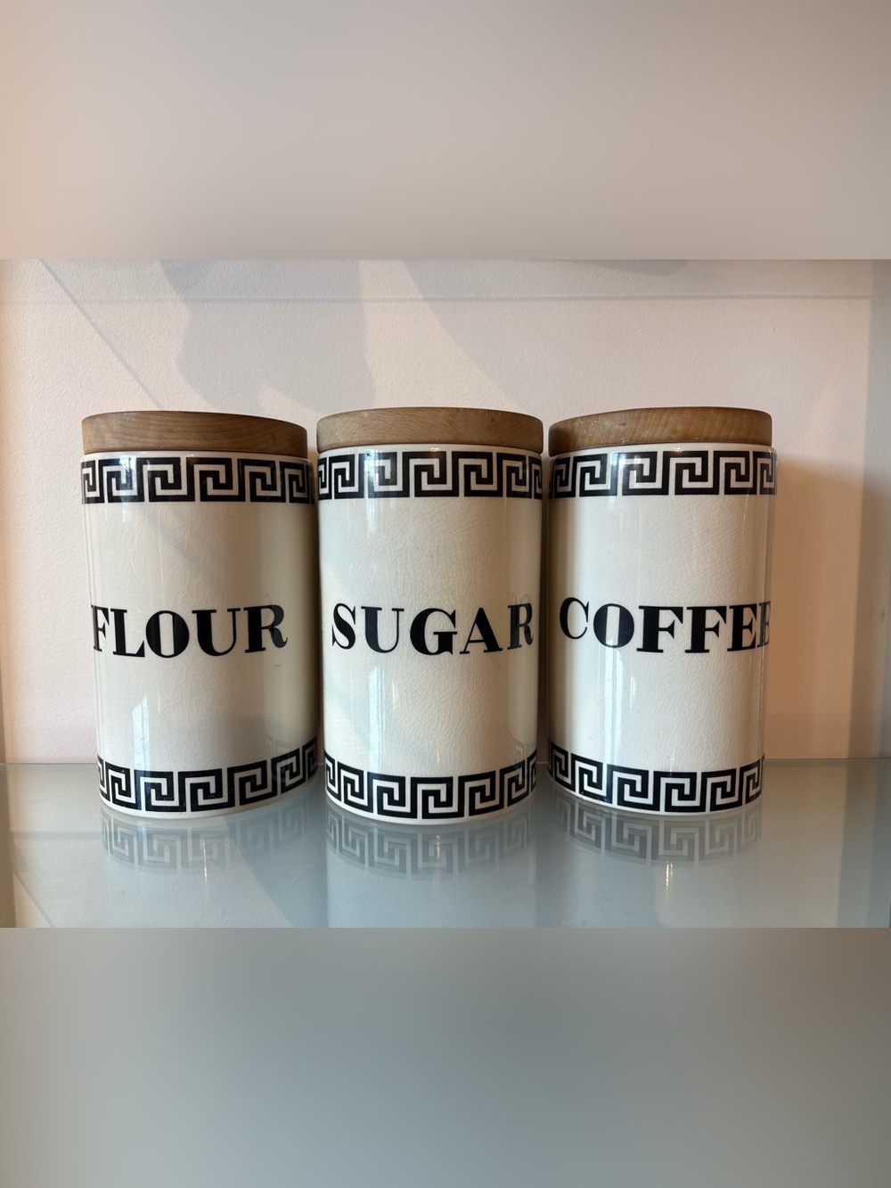 Portmeirion Cream and Black Ceramic Pantry Canister Set with Wood Lids